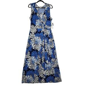 Robbie Bee Faux Wrap Dress Women's‎ Large Blue White Floral Maxi Stretchy NWT